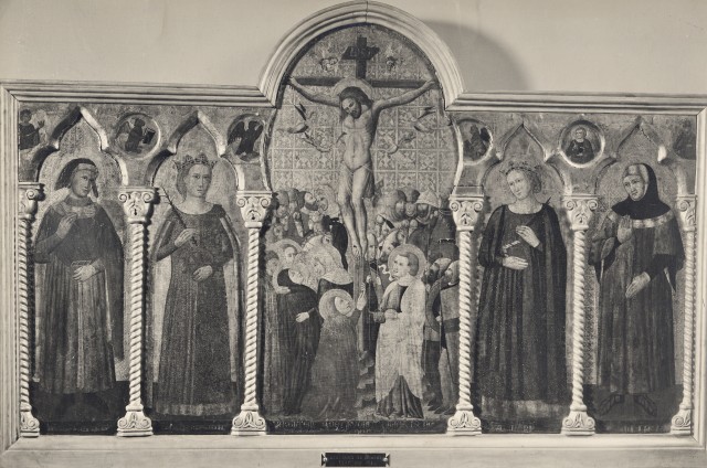 Alinari, Fratelli — Anonimo riminese - sec. XIV - Crocifissione di Cristo; San Cosma; Santa Caterina d'Alessandria; Santa Barbara; San Damiano — insieme